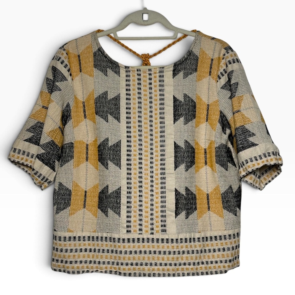Anthropologie THE ODELLS Women's Alicia Geometric Cotton Top Cream Tassel Medium